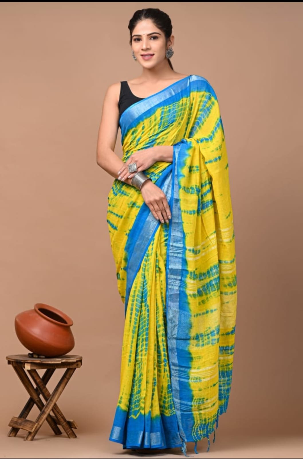 Hand Block Printed Linen Saree with Blouse